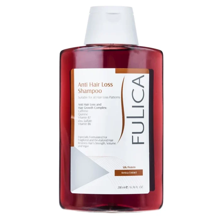 "Fulica Strengthening and Anti-Hair Loss Shampoo, suitable for thin and damaged hair, contains caffeine, quinine, vitamins B7, B6, zinc sulfate, silk protein, and arnica extract, with a volume of 200 ml. - Image 1